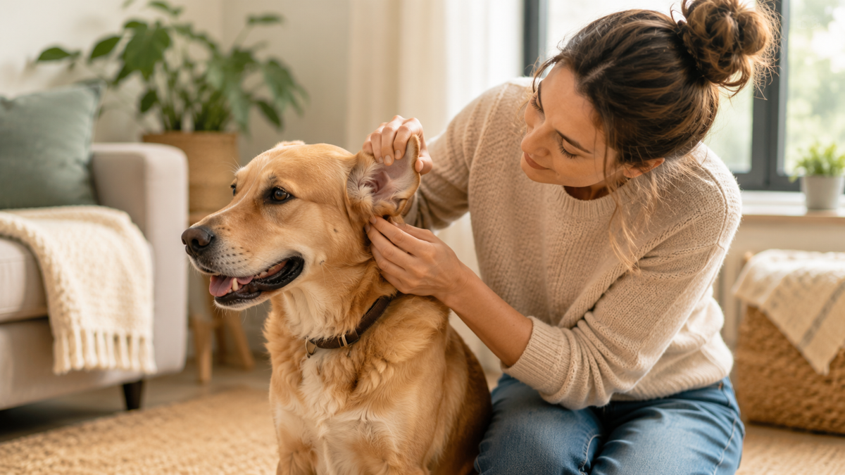 A pet parent gently checks a calm dog for possible allergy signs.