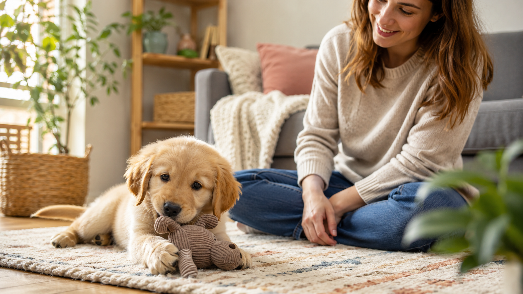 A puppy chews a toy while a pet parent sits nearby.