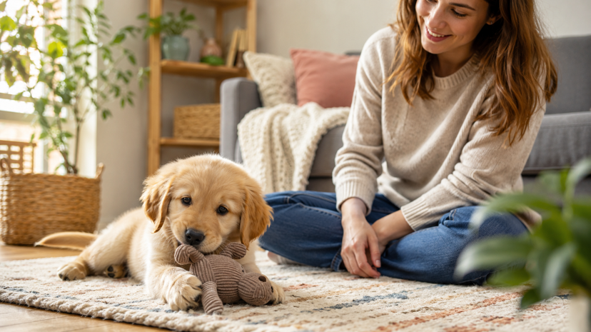 A puppy chews a toy while a pet parent sits nearby.