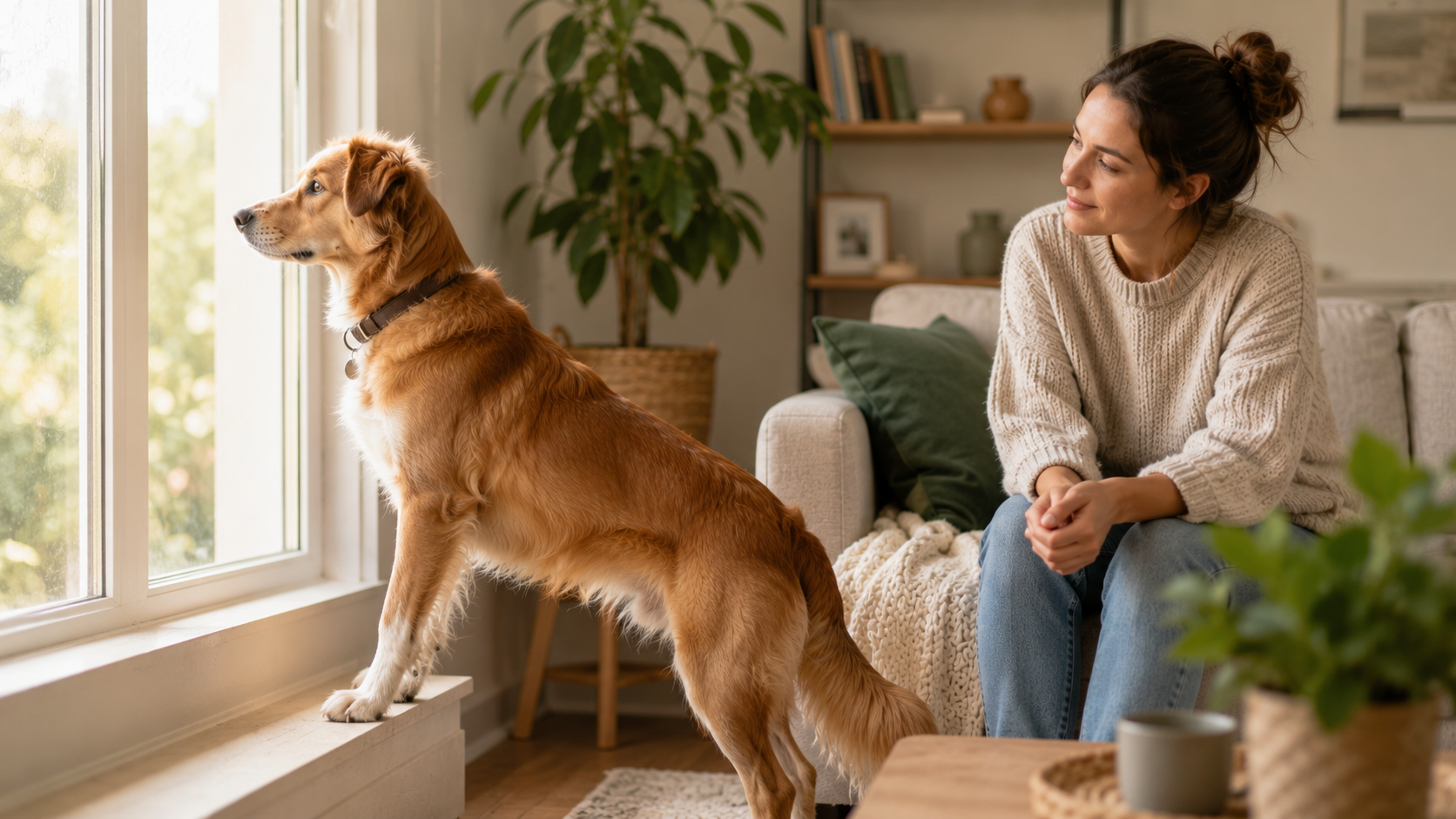 A dog stands alert near a window while a pet parent watches calmly.