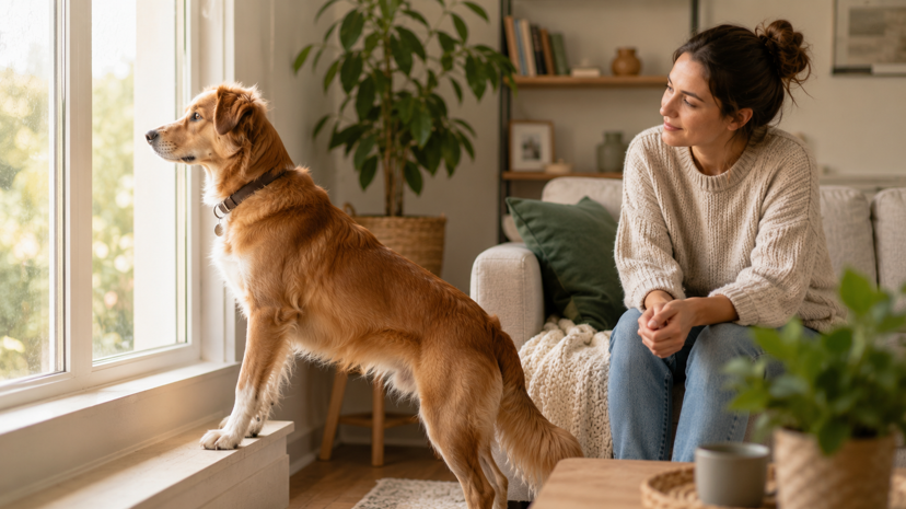 A dog stands alert near a window while a pet parent watches calmly.