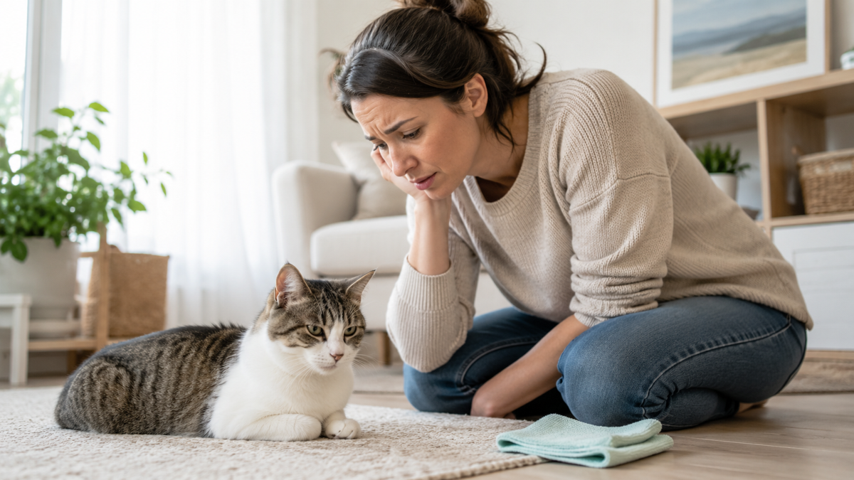 A concerned pet parent sits near a calm cat at home.